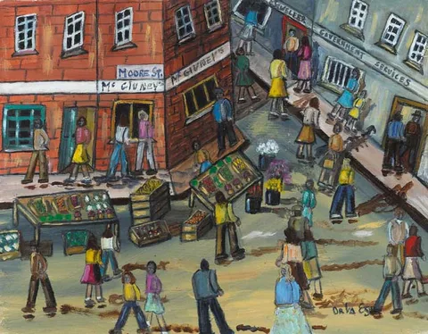 Orla Egan, THE MARKET IN MOORE STREET, DUBLIN, oil on board
