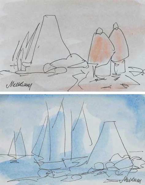 Markey Robinson, COTTAGES, BOATS AND SHAWLIES - SIX VIEWS IN THE WEST OF IRELAND, pen and ink with wash