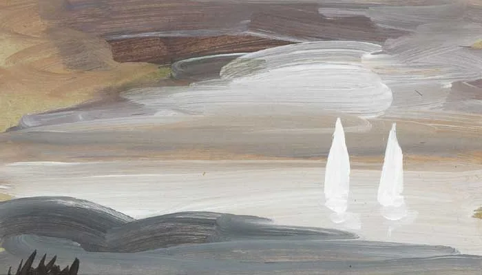 TWO WHITE SAILS by Markey Robinson, gouache on board, sold Dec 2008