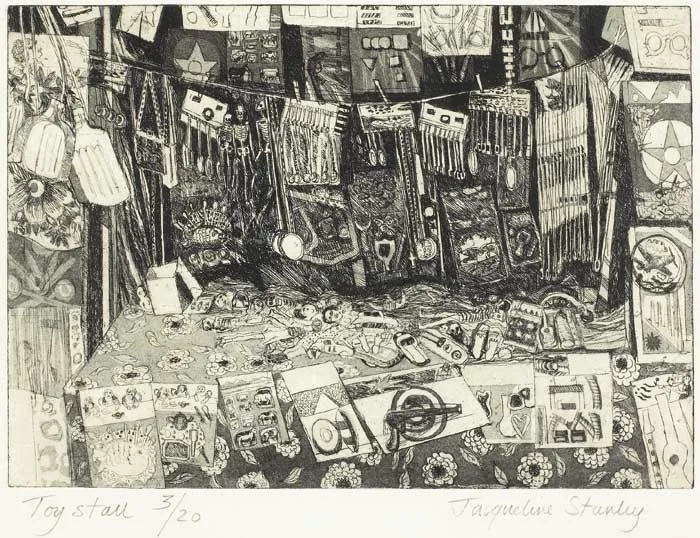Jacqueline Stanley, TOY STALL, 1990, etching (no. 3 from an edition of 20)