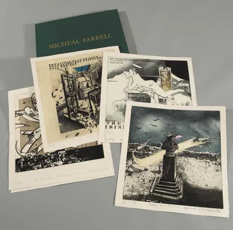 Micheal Farrell, A SHORTER HISTORY, 1982, folio of eight etchings with aquatint, plus eight sheets of letterpress in green linen clamshell case