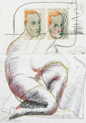 TWINS, EDWIN AND LEE by Peter J. Behan, collage, oil pastel and pencil on paper, offered Nov 2008