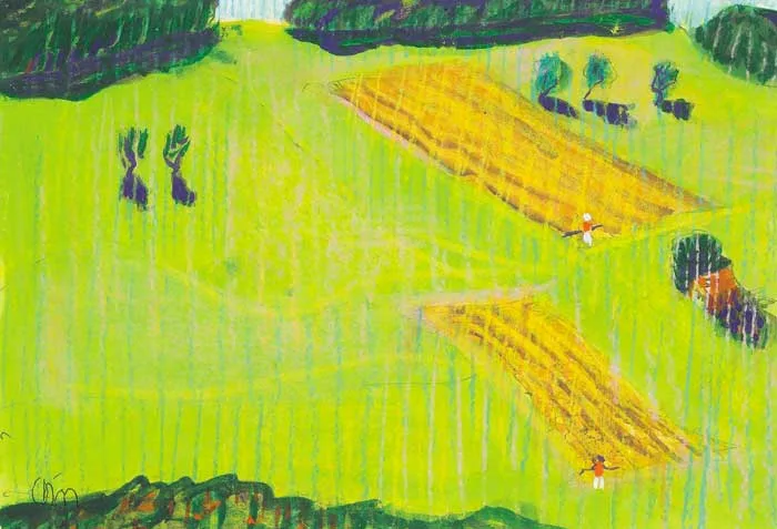 HAYFIELDS, PANEX (SUISSE) by Tony O'Malley, 1973, gouache and crayon, sold Nov 2008