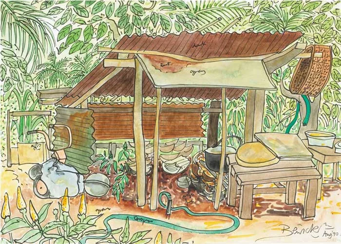 MO'S KITCHEN OUTSIDE, AUGUST 1990 by Pauline Bewick, pen and ink with watercolour, sold Nov 2008