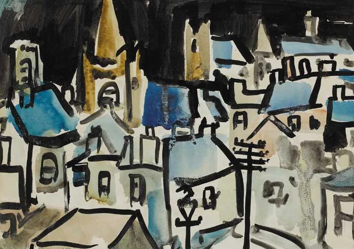 CLONARD ROOFTOPS by Gerard Dillon, watercolour on paper laid on card, sold Nov 2008