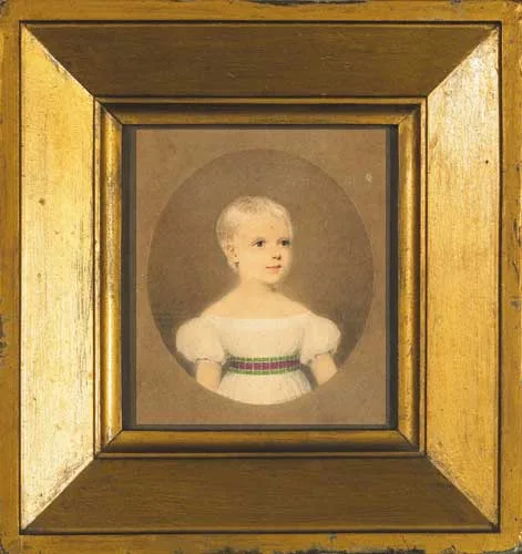 Adam Buck, PORTRAIT, HALF-LENGTH, OF A YOUNG GIRL IN A WHITE SMOCK AND TARTAN SASH, 1829, watercolour in an oval vignette