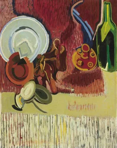 May Guinness, STILL LIFE WITH GREEN BOTTLE, oil on canvas