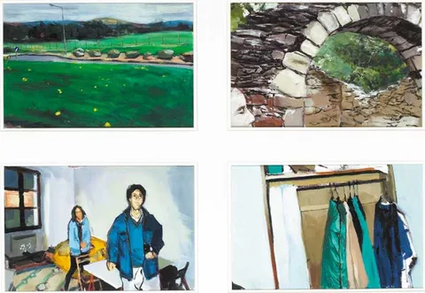 Peter Fitzgerald, WICKLOW ROAD; RUIN WITH I; FRIENDS IN PARIS; CLOTHES, 1995, oil on canvas; four panels framed as one