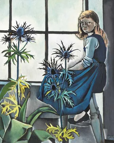 Patrick Swift, GIRL WITH BLUE THISTLES, oil on canvas