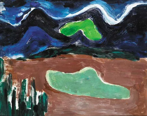 Dairine Vanston, LANDSCAPE WITH LAKE AND HILLS, 1964, oil on paper (monotype)