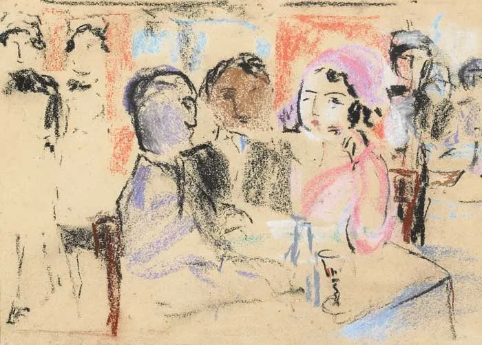 May Guinness, CAFE EN MONTMARTE, pastel on paper