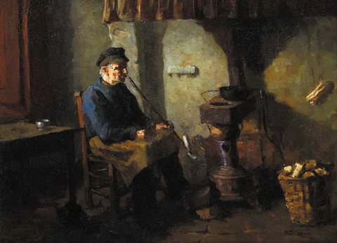 Mary Duncan, MAN SEATED BY A WOOD STOVE, SMOKING A PIPE, 1911, oil on canvas