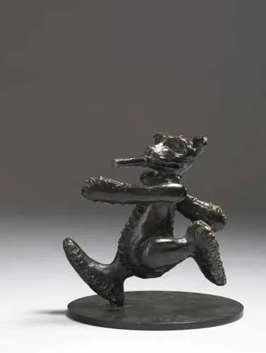 BEAR WITH A CIGAR by Patrick O'Reilly, 2003, bronze on a limestone base; unique, offered Sep 2008