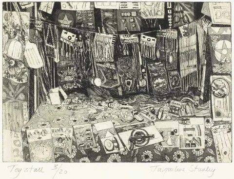 Jacqueline Stanley, TOY STALL, 1990, etching (no. 3 from an edition of 20)
