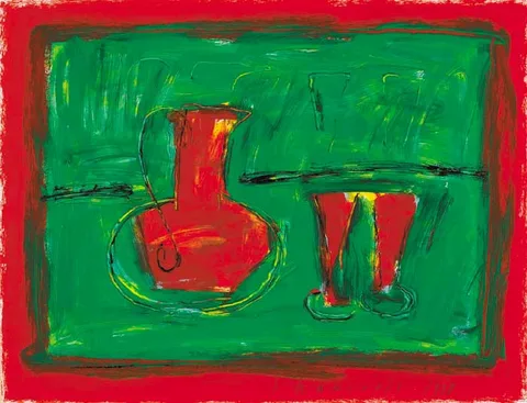 DECANTER AND TWO GLASSES by Neil Shawcross, 1998, acrylic on board, sold May 2008