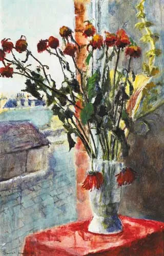INTERIOR WITH FLOWERS by Sarah Longley, 2001, oil on board, offered May 2008