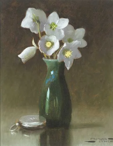 CHRISTMAS ROSES WITH POCKET WATCH by Padraig Lynch, oil on canvas board, sold May 2008