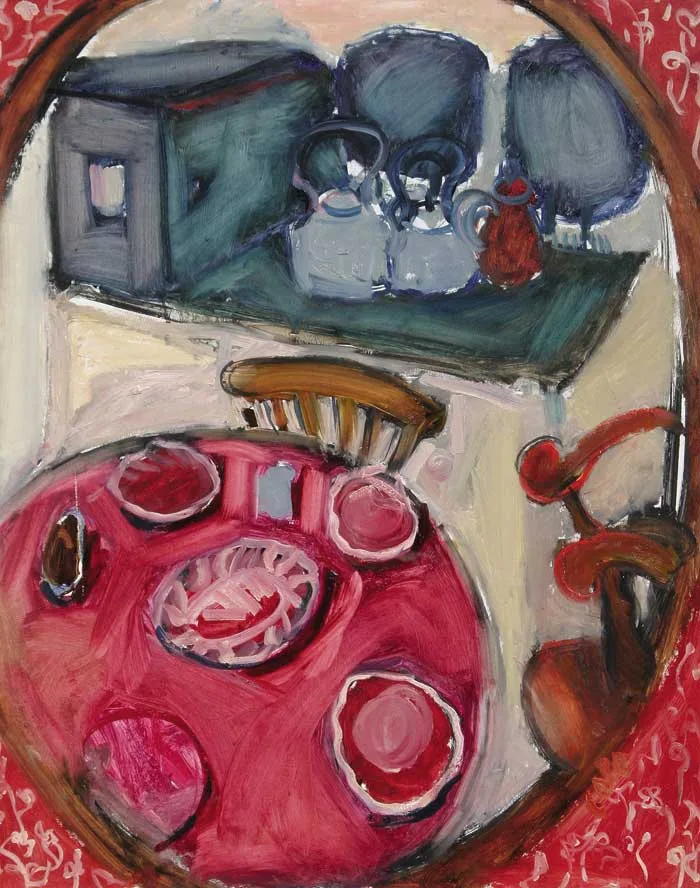KITCHEN TABLEIN THE MIRROR by Elizabeth Cope, oil on board, sold May 2008