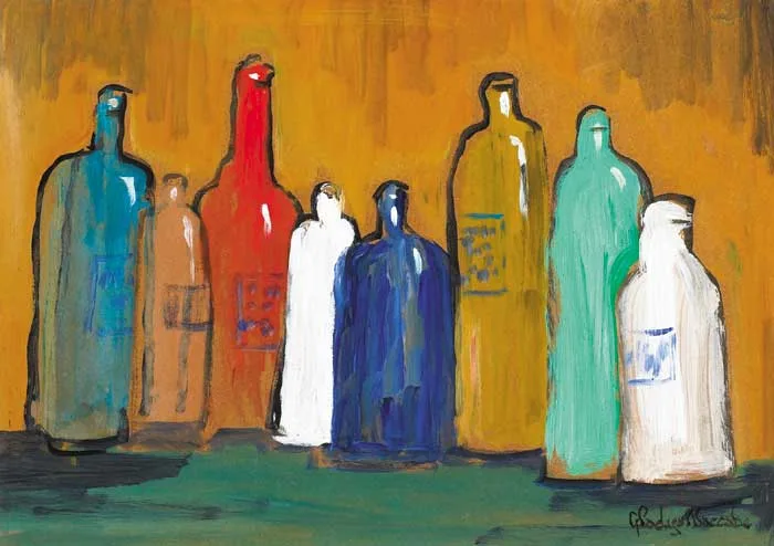 BOTTLES by Gladys Maccabe, gouache on board, offered May 2008