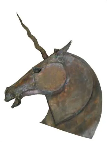 UNICORN by Laurent Mellet, hand beaten brazed copper and horn on a wooden base, offered May 2008