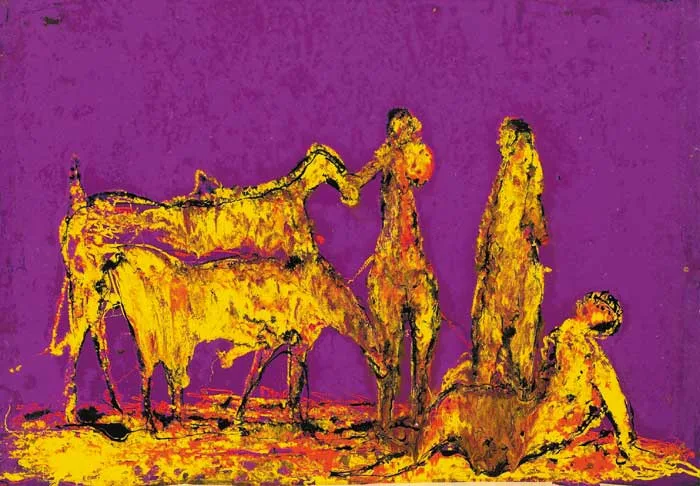 Edward Delaney, FIGURES AND HORSES, oil on board