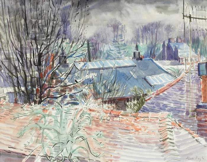 ROOFTOPS by Alicia Boyle, watercolour with pen and ink, offered May 2008
