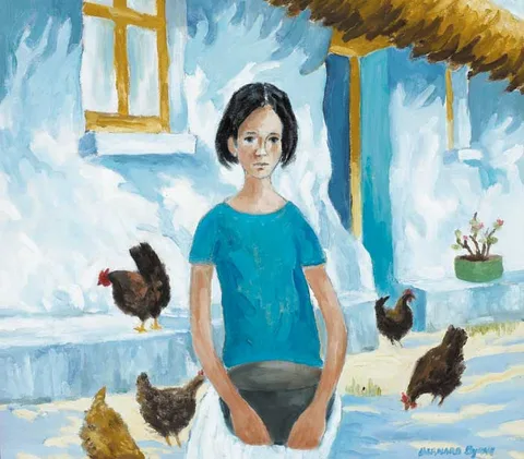 Bernard Byrne, FEEDING HENS, COTTAGE IN CASHEL, COUNTY GALWAY, oil on canvas board