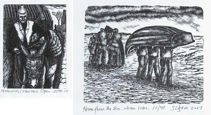 Joseph Sloan, HOMEWARDS, ARAN ISLES and HOME FROM THE SEA, 2007-8 (A PAIR), wood engraving (no. 32 of 75 and 16 of 75 respectively)