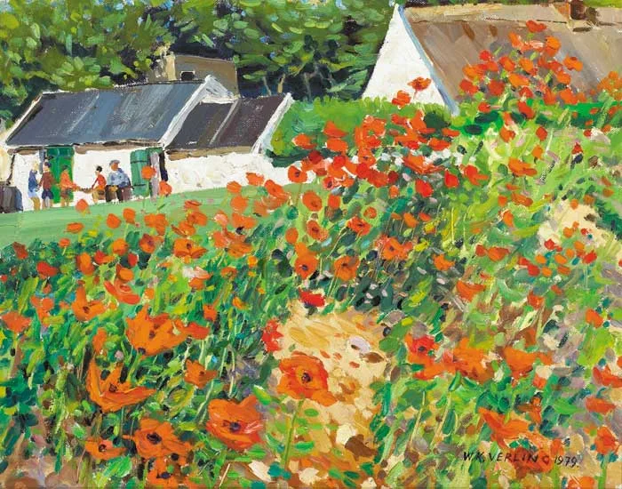 Walter Verling, POPPY FIELD WITH FIGURES OUTSIDE A ROW OF COTTAGES, 1979, oil on board
