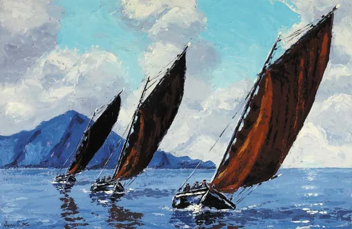 GALWAY HOOKERS SAILING OFF CLARE ISLAND, COUNTY MAYO by Ivan Sutton, oil on canvas board, sold May 2008