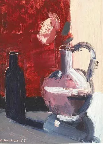 BLUE BOTTLE AND ROSE by Brian Ballard, 1987, oil on board, sold May 2008