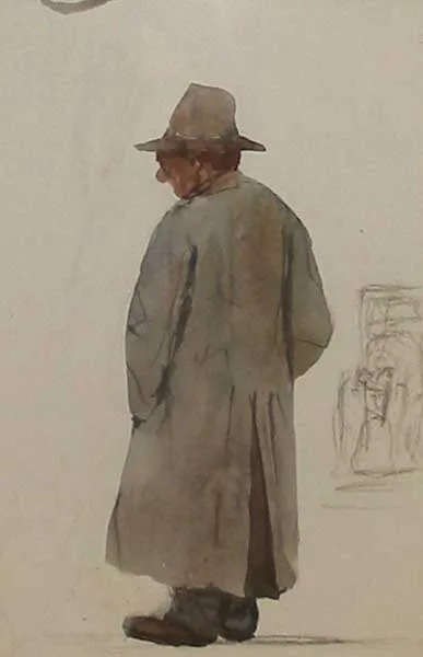 OLD MAN BROWSING (DUBLINERS SERIES) by Michael Healy, watercolour over pencil, sold May 2008