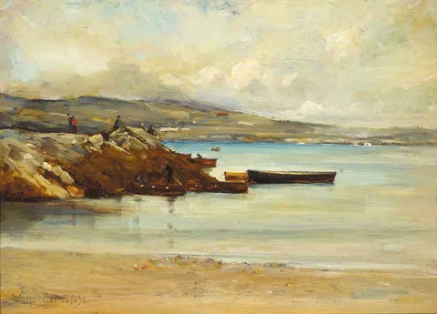 Robert Edward Morrison, COASTAL SCENE WITH BOATS AND ONLOOKERS, 1893, oil on panel