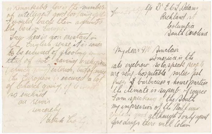 Patrick Tuohy, LETTER FROM AMERICA TO WILLIAM "BOSS" SINCLAIR, 1927, autograph manuscript letter, single sheet, folded