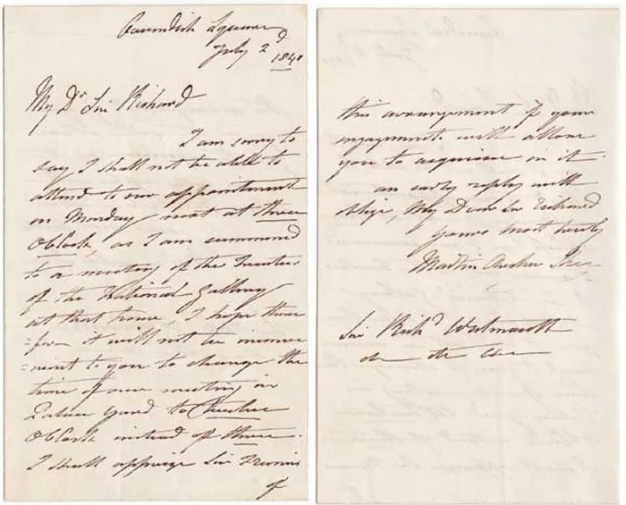 Martin Archer Shee, TWO LETTERS TO SIR RICHARD WESTMACOTT, 1813-40, two autograph manuscript letters , each on a single folded s