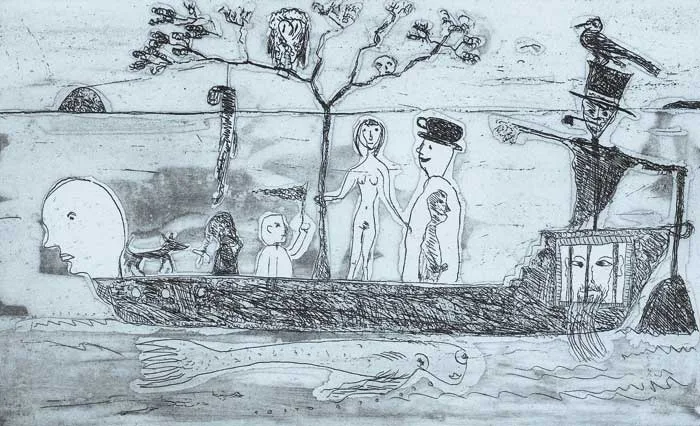 BOAT WITH FIGURES AND TREE by John Kingerlee, 2005, etching with aquatint (printer's proofs, no. 1 of 1), sold Dec 2007