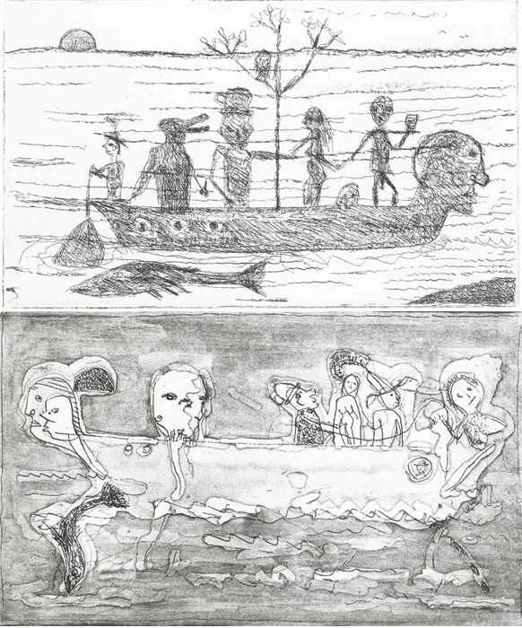 John Kingerlee, FIGURES IN A BOAT (A PAIR), 2005, etching with aquatint (printer's proofs, no. 1 of 1)
