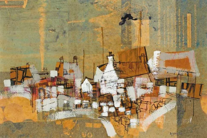 HARBOUR VILLAGE by Brian Ferran, collage, oil, pen and ink on board, offered Dec 2007