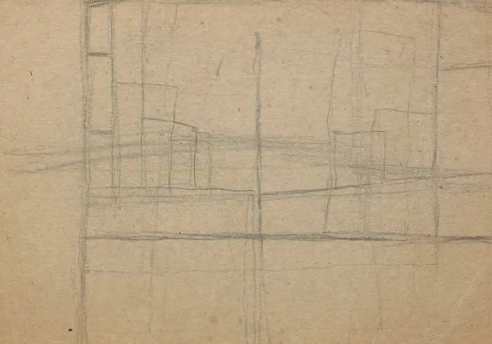William Scott, LINEAR FORMS, circa 1960, pencil on brown paper