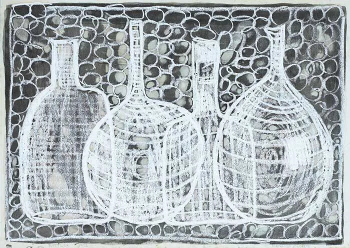 Marianne McElroy, BOTTLES, 1973, white chalk over watercolour on paper