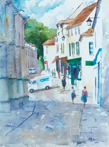 Brett McEntagart, MONTFORT L'AMAURY THE CHURCH SQUARE, watercolour