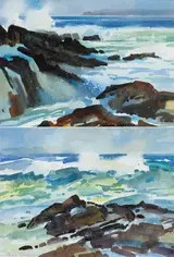 John Skelton, ATLANTIC SURF, DINGLE, and SURF AND ROCKS, BALLYFERRITER, KERRY, 1990 (A PAIR)