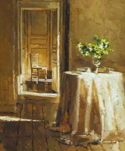 INTERIOR STUDY WITH BOOKS AND WILD FLOWERS by Mark O'Neill, 1998, oil on board, sold Dec 2007