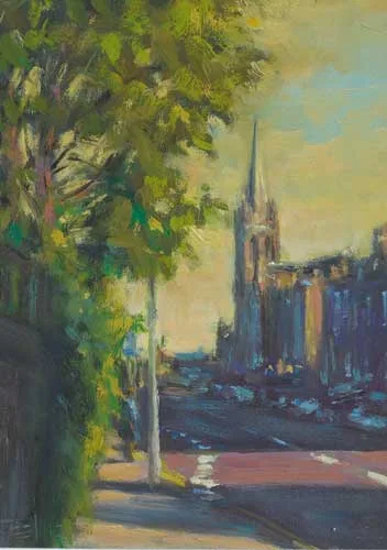 STREET SCENE WITH CHURCH by Norman Teeling, oil on board, offered Dec 2007