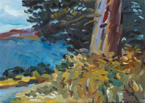 Diarmuid Larkin, VIEW OF BAY WITH TREES IN FOREGROUND, oil on board