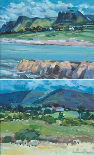 Diarmuid Larkin, COASTAL LANDSCAPE and SHEEP GRAZING (A PAIR), oil on board