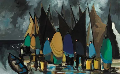 Markey Robinson, WOMEN WAITING FOR THE BOATS, oil on board