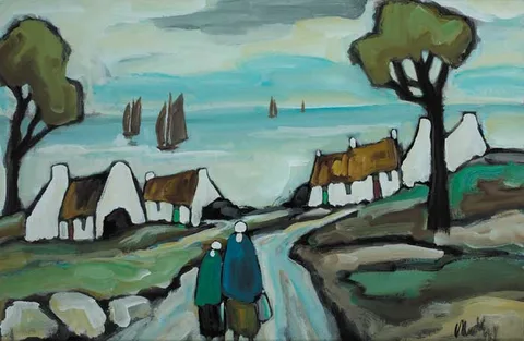 Markey Robinson, TWO SHAWLIES ON A ROAD LEADING TO VILLAGE, oil on board