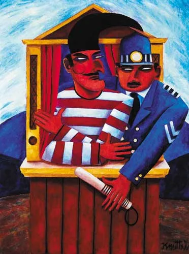 PUNCH AND POLICEMAN by Graham Knuttel, oil on canvas, sold Dec 2007