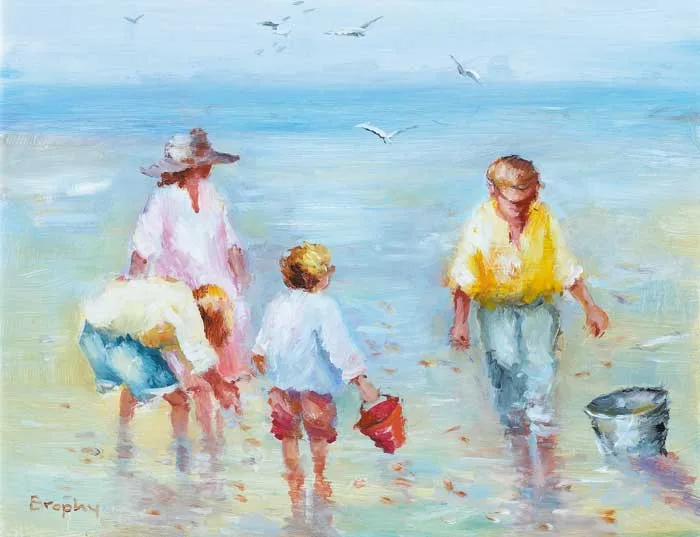 GATHERING SEASHELLS by Elizabeth Brophy, oil on board, sold Dec 2007
